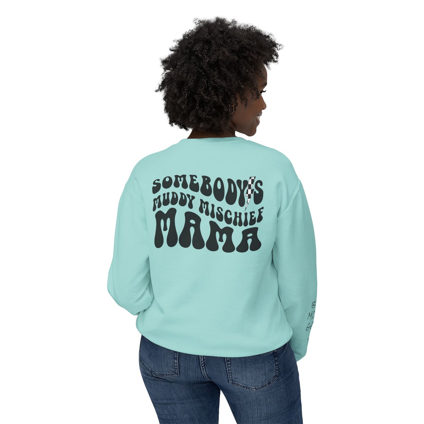 Somebody’s Muddy Mischief Personalizable Crewneck Sweatshirt | Adult Brand Sweatshirt