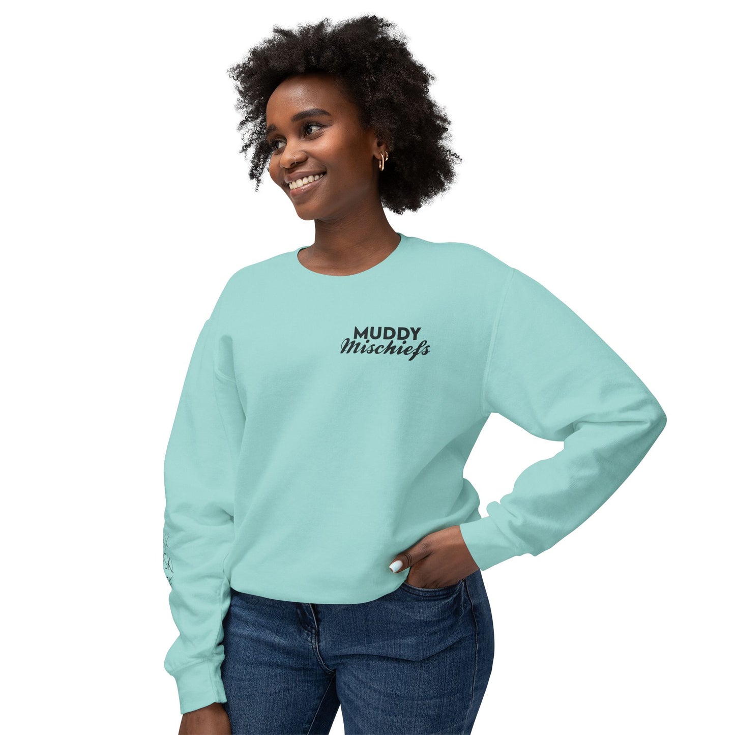 Somebody’s Muddy Mischief Personalizable Crewneck Sweatshirt | Adult Brand Sweatshirt