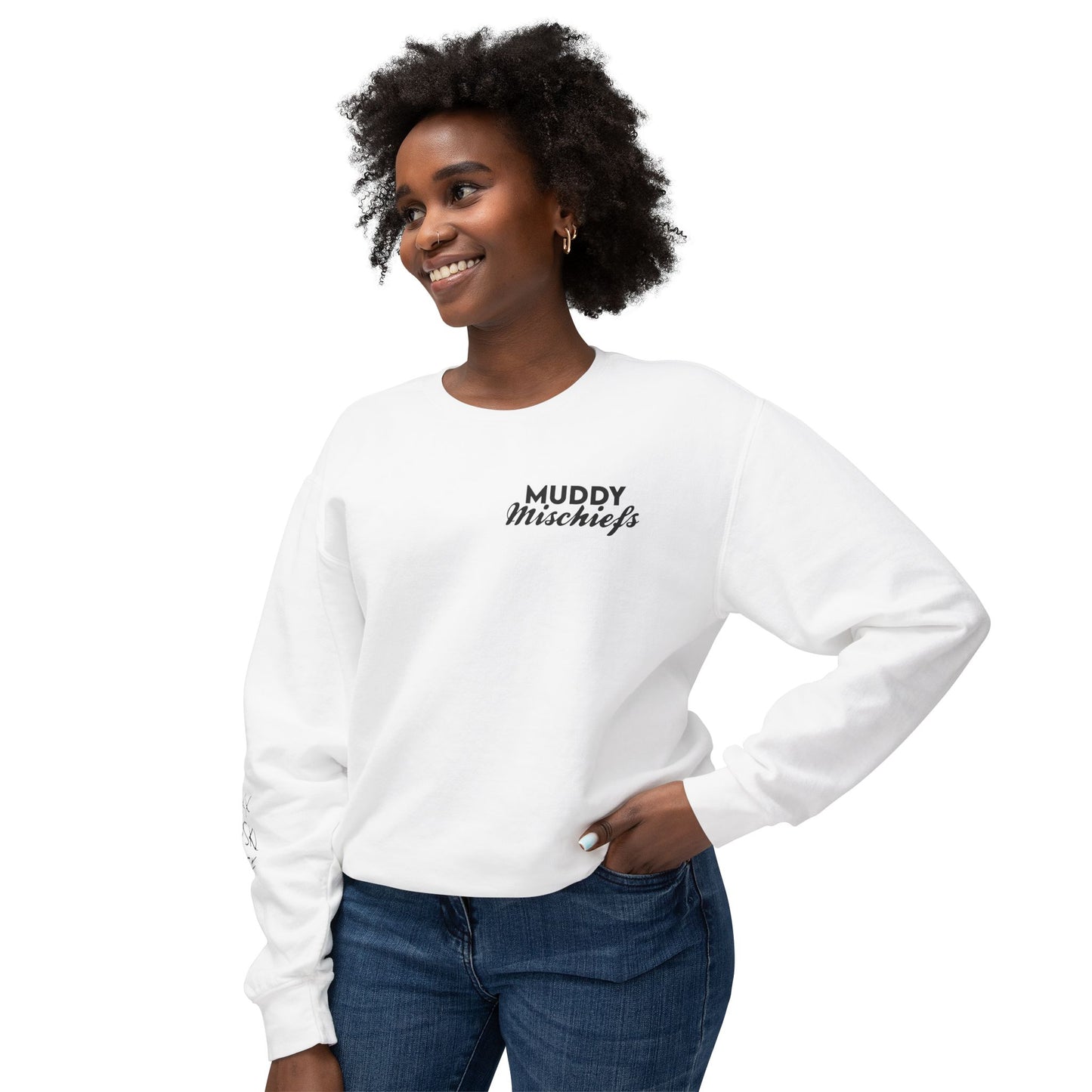 Somebody’s Muddy Mischief Personalizable Crewneck Sweatshirt | Adult Brand Sweatshirt