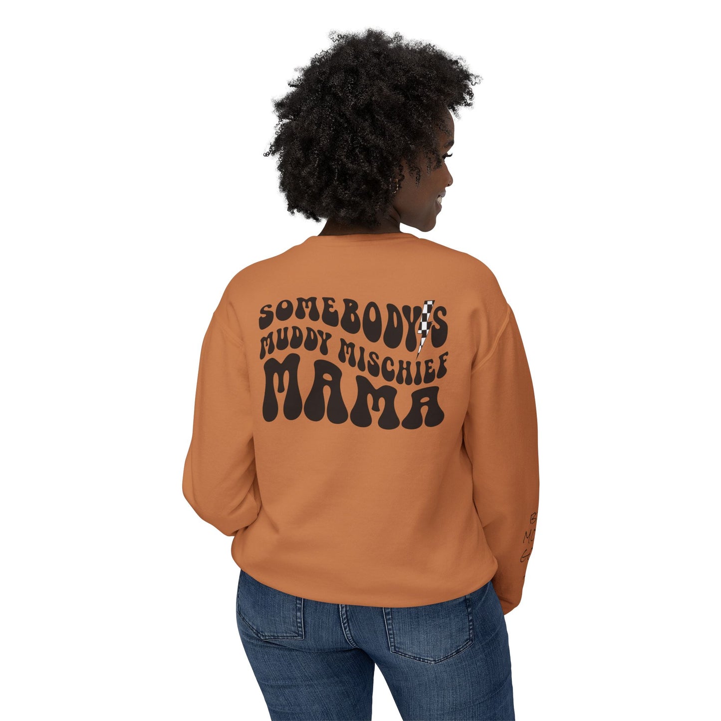 Somebody’s Muddy Mischief Personalizable Crewneck Sweatshirt | Adult Brand Sweatshirt