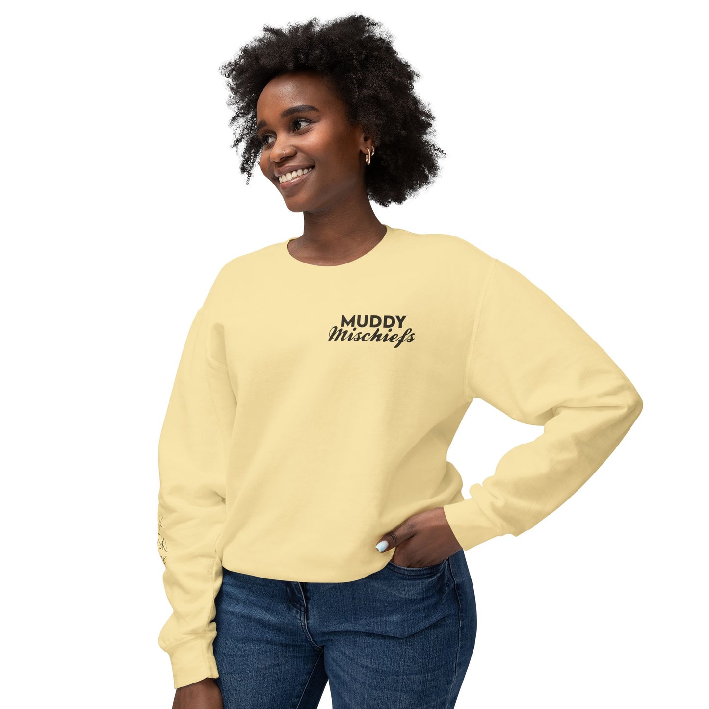 Somebody’s Muddy Mischief Personalizable Crewneck Sweatshirt | Adult Brand Sweatshirt
