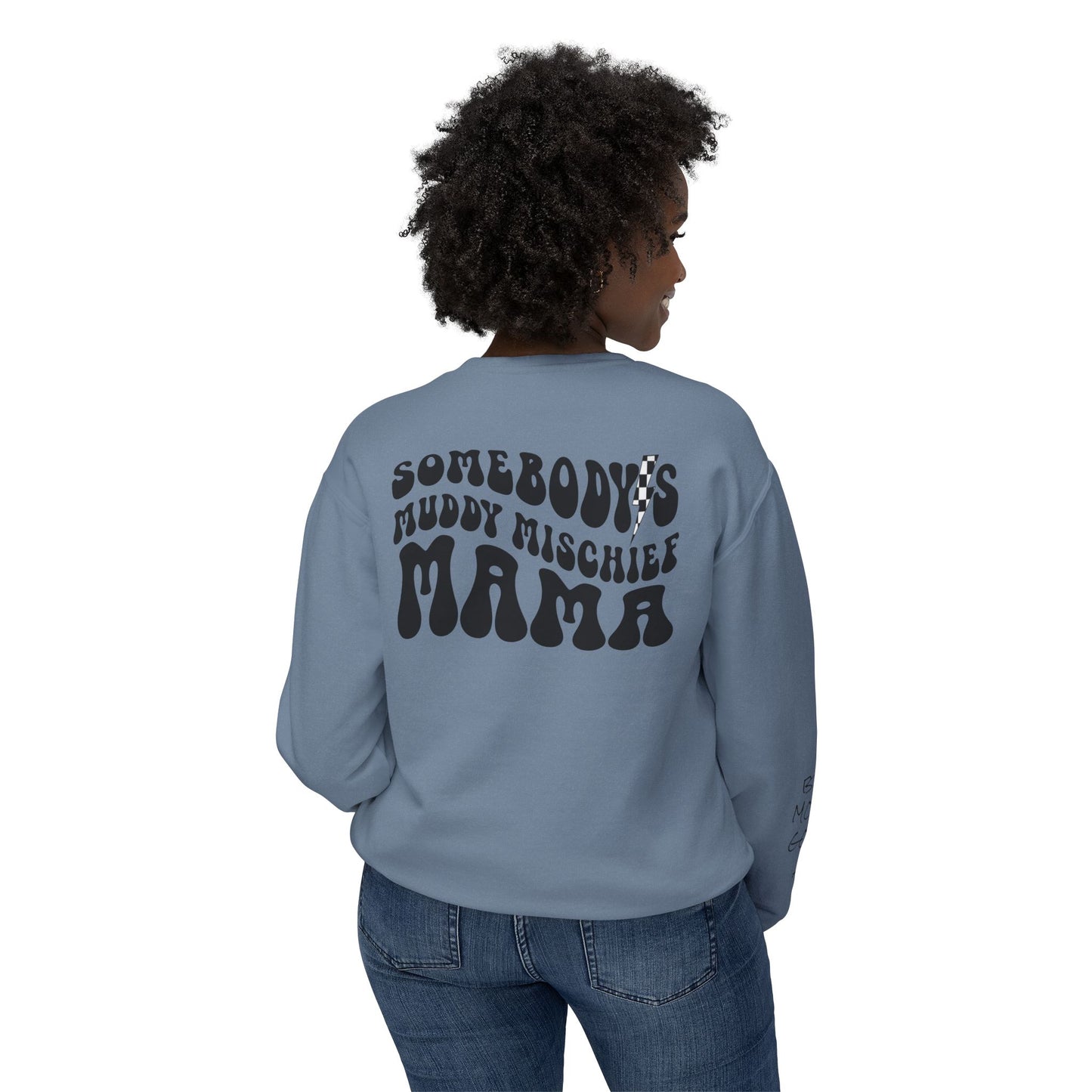Somebody’s Muddy Mischief Personalizable Crewneck Sweatshirt | Adult Brand Sweatshirt